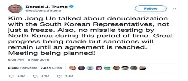 Donald Trump on the North Korea-United StatesSummit/ Twitter