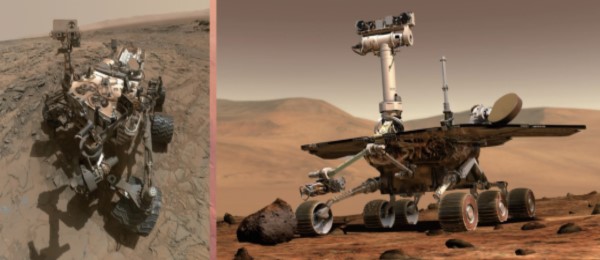 The Curiosity rover takes a “selfie.”(Left) (NASA/JPL-Caltech/MSSS) / Spirit operated on Mars’ surface from 2004 to 2010(Right) (NASA/JPL/Cornell University)