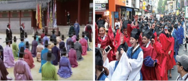 Yusaengs Waiting for King’s Answer at Yuso on Sungkyunkwan Scandal (Left) (youtube.com) / Kingos Marching down the Streets at Gohanora (Right) (skku.edu)